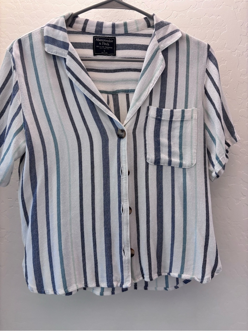 Abercrombie & Fitch Striped Short-Sleeve Button-Down Shirt in Blue and Teal